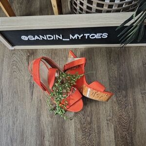 BCBGeneartion Orange/Cork Size 8 Platform Wedge Sandal w/double wrap ank…